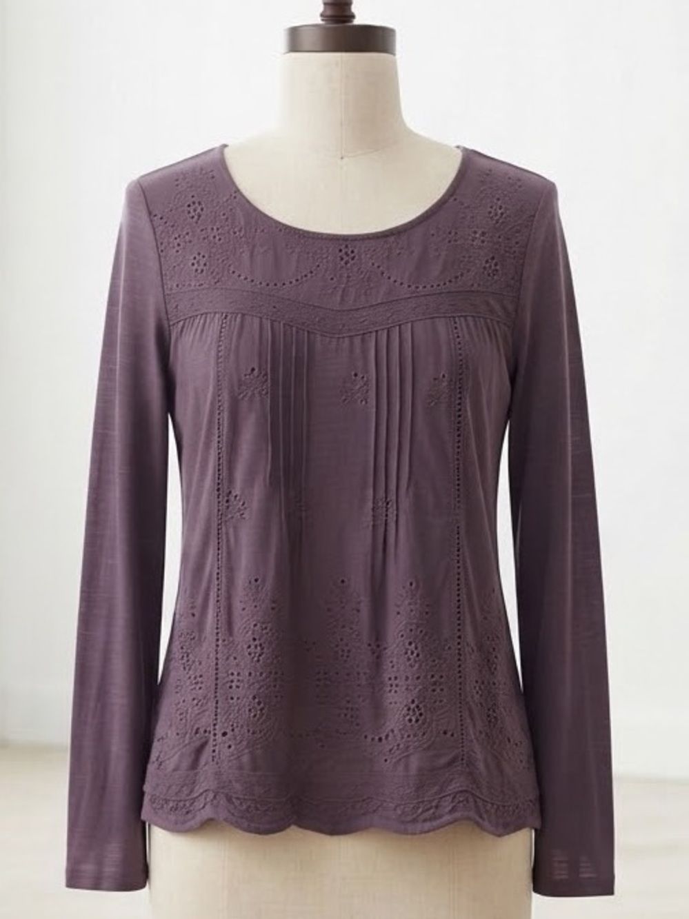 Knox Rose| Purple Bohemian Long-Sleeve Eyelet Yoke Top Blouse Sz M